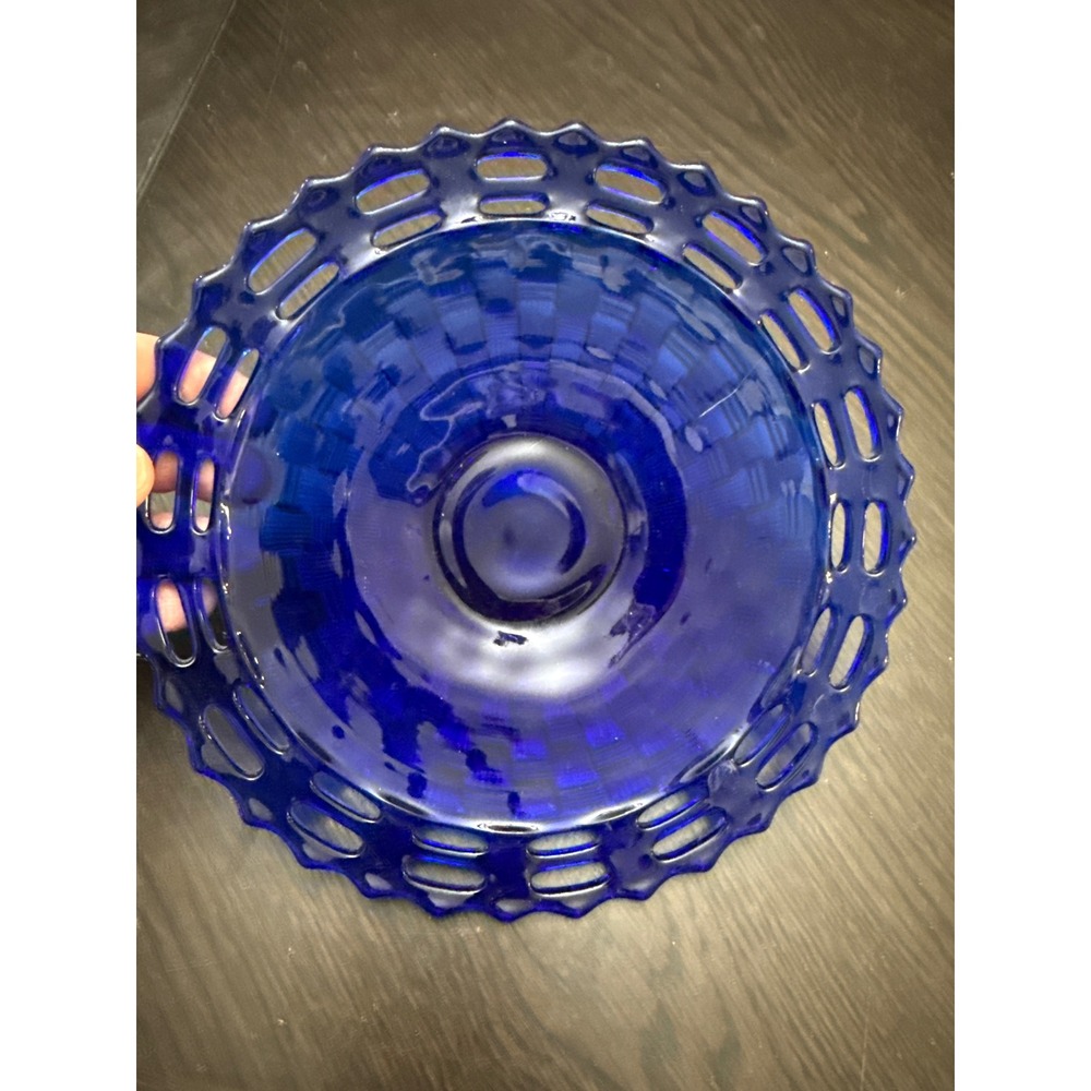 Vintage Cobalt‎ Blue Glass Basketweave Reticulated Lace Edge Centerpiece 8.5"